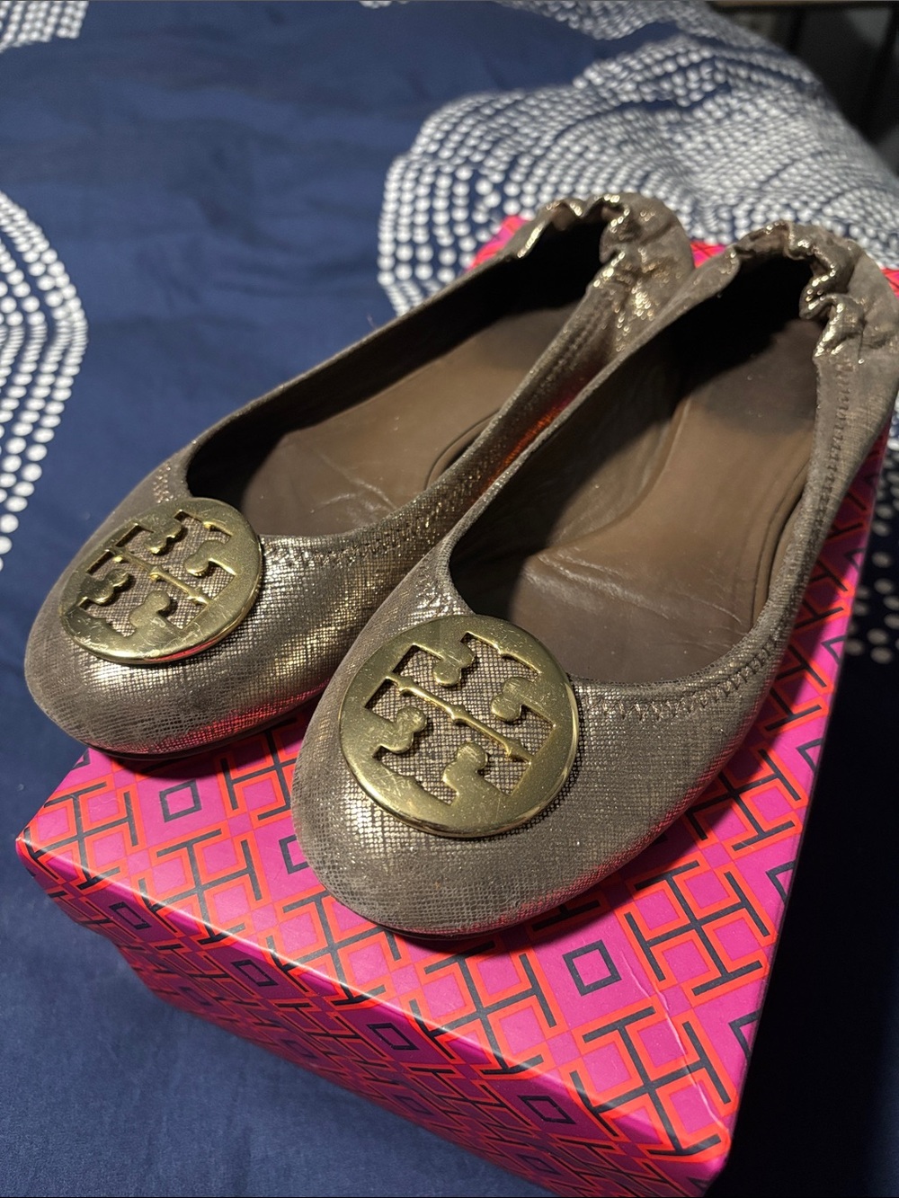 Tory Burch Metallic Bronze Logo Ballet Flats